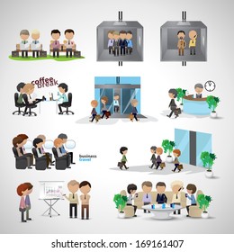 Business Peoples - Isolated On Gray Background - Vector Illustration, Graphic Design Editable For Your Design. Team Working In Office. Coffee Break Pause. Business Concept