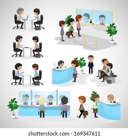 Business Peoples - Isolated On Gray Background - Vector Illustration, Graphic Design Editable For Your Design. People In A Bank. People Waiting In Line. People In Office. Business Concept