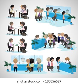 Business Peoples - Isolated On Gray Background - Vector Illustration, Graphic Design Editable For Your Design. People In A Bank. People Waiting In Line. People In Office. Business Concept