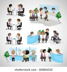 Business Peoples - Isolated On Gray Background - Vector Illustration, Graphic Design Editable For Your Design. People In A Bank. People Waiting In Line. People In Office. Business Concept