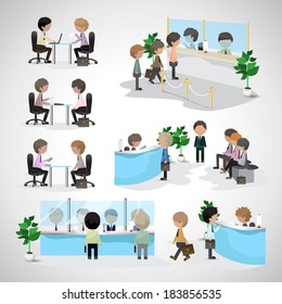 Business Peoples - Isolated On Gray Background - Vector Illustration, Graphic Design Editable For Your Design. People In A Bank. People Waiting In Line. People In Office. Business Concept