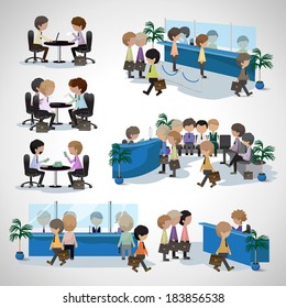 Business Peoples - Isolated On Gray Background - Vector Illustration, Graphic Design Editable For Your Design. People In A Bank. People Waiting In Line. People In Office. Business Concept