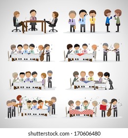 Business Peoples In Office And In The Restaurant With Musicians - Isolated On Gray Background - Vector Illustration, Graphic Design Editable For Your Design