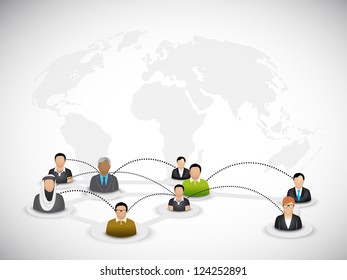 Business peoples on abstract world map background. EPS 10.