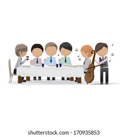 Business Peoples In The Restaurant With Musicians - Isolated On White Background - Vector Illustration, Graphic Design Editable For Your Design