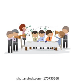 Business Peoples In The Restaurant With Musicians - Isolated On White Background - Vector Illustration, Graphic Design Editable For Your Design