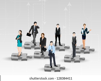 Business peoples standing on puzzles, corporate background.