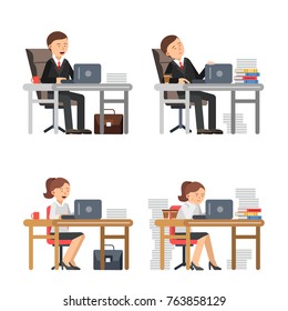 Business peoples at work. Unhappy male and female workers at his workplace. Vector employee person tired, character man and woman at work office illustration