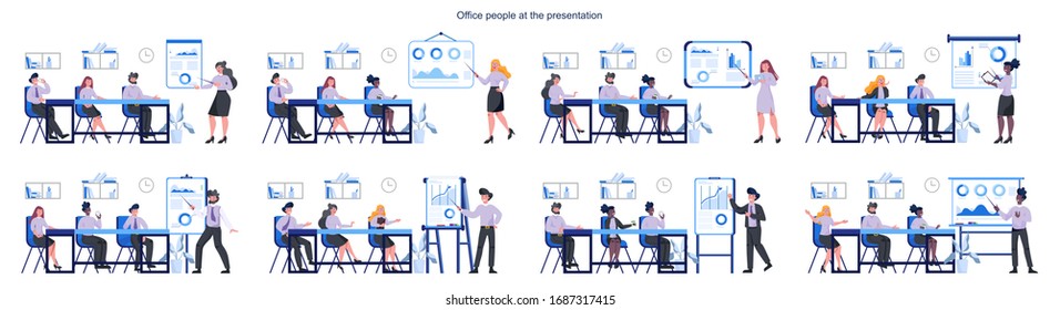 Business pepole making presentation in front of group of co-worker set. Presenting business plan on seminar. Pointing at the graph. Flat vector illustration