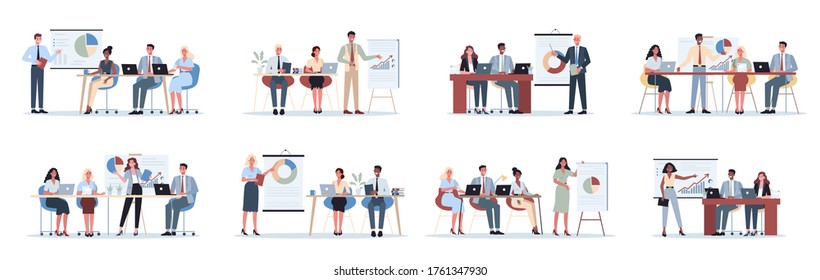 Business pepole making presentation in front of group of co-worker set. Presenting business plan on seminar. Pointing at the graph. Flat vector illustration