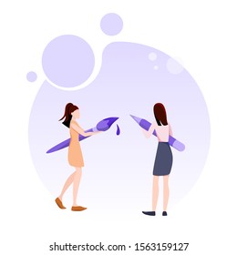 Business pepople. Women holding brush and pencil. Creativity in teamwork concept. Idea of business people working together. Office person, professional worker. Isolated flat vector illustration