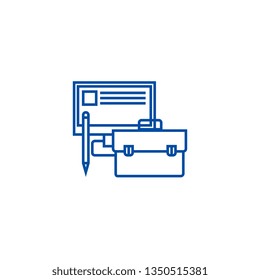 Business perfomance,monitor, case, pencil line icon concept. Business perfomance,monitor, case, pencil flat  vector symbol, sign, outline illustration.