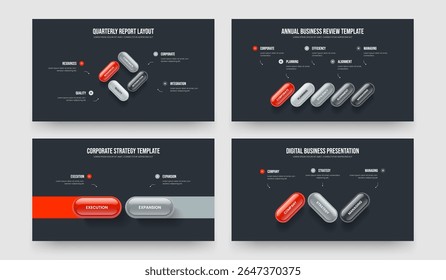 Bedrijfsprestaties 4 5 2 3 Optie Infographic Slideshow Sjabloonset. Enterprise-overzicht Vier vijf-en-twee-staps diagramlay-out vectorillustratiebundel.