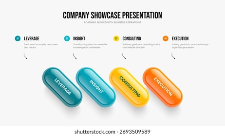 Rendimiento empresarial 4 Paso Infografía Plantilla de marco. Ilustración vectorial de diseño de presentación de diapositivas de desarrollo de ventas. Lanzamiento Corporativa Diseño de presentación de diagrama de cuatro opciones.