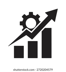 Icono de análisis de rendimiento empresarial con gráfico ascendente y símbolo de engranaje para la optimización de la estrategia de crecimiento financiero y el desarrollo de datos de mercado