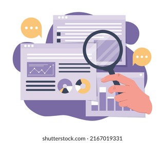 Business performance analysis. Work with statistics, analytical department. Boss studies graphs and charts, digital world and electronic archive of company, research. Cartoon flat vector illustration