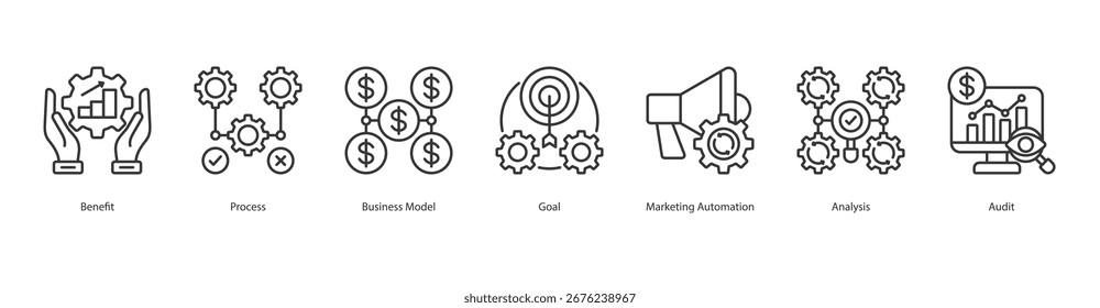 Anuncio Concepto de Ilustración vectorial del conjunto de iconos de Web de auditoría de rendimiento empresarial con ícono de beneficio, proceso, modelo de negocio, objetivo, automatización de marketing, análisis, auditoría