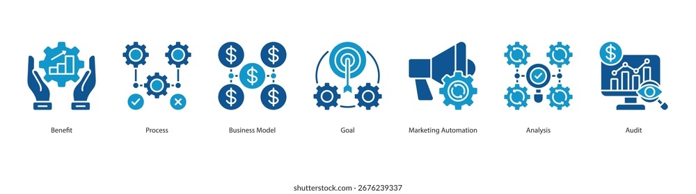 Ícone da Web de banner de auditoria de desempenho de negócios define o conceito de ilustração vetorial com ícone de benefício, processo, modelo de negócios, meta, automação de marketing, análise, auditoria