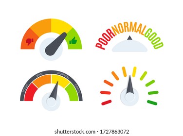 Business Performance Company Review Scale Logo Set. Speedometer, Barometer, Fuel Gauge Display Logotype Collection. Colorful Dial Indicator Vector Illustration.