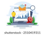 Business performance data analysis concept, Search engine optimization, Market research chart, Data analysis, Financial report, Business strategy, Financial forecast. Flat vector illustration.