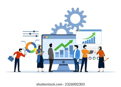 Business performance data analysis concept. Charts for SEO. Marketing research chart. Business team using magnifying glass and productivity tools to analyze charts. flat vector illustration.