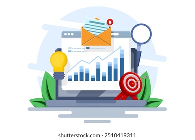 Conceito de análise de dados de desempenho comercial, Otimização do mecanismo de pesquisa, Gráfico de pesquisa de mercado, Análise de dados, Relatório financeiro, Estratégia comercial, Previsão financeira. Ilustração de vetor plano.