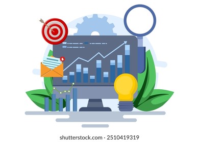 Business performance data analysis concept, Search engine optimization, Market research chart, Data analysis, Financial report, Business strategy, Financial forecast. Flat vector illustration.