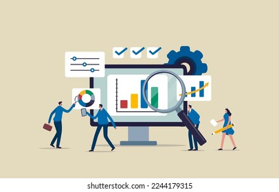 Business performance Data analysis. Diagrams for SEO. Marketing research charts. Business team use magnifying glass and productivity tools to analyze charts. illustration