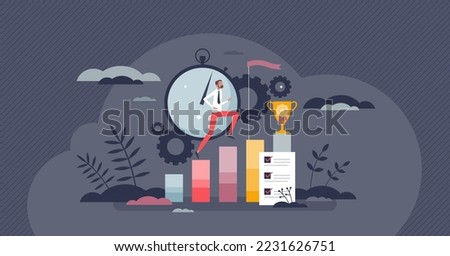 Business performance efficiency and success achievement tiny person concept. Company goal target successful accomplishment with effective and productive work vector illustration. Businessman ambition.
