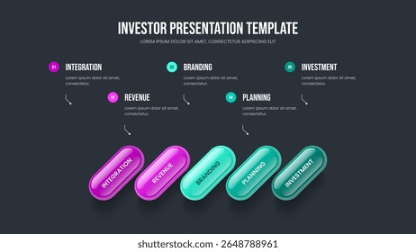 Bedrijfsprestaties Vijf stappen Diagram Presentation Design. Marktoverzicht Diaopmaak Vector Illustratie. Professioneel plan 5 Optie Infographic Frame Sjabloon.