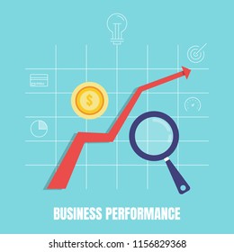 Business performance indicator, Growth analysis, Business graph, Upward graph flat design vector concept with icons