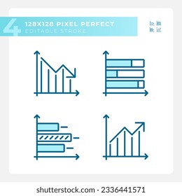 Business performance light blue icons. Economic research. Financial analysis. Data analytics. RGB color. Website icons set. Simple design element. Contour drawing. Line illustration