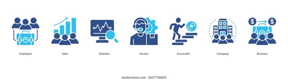 Business Performance Management Web-Banner-Symbol-Set Mitarbeiter, Vertrieb, Statistik, Service, erfolgreich, Unternehmen