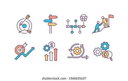 Business Performance RGB Color Icons Set. Poor Strategy Execution. Customer Journey Map. Providing Solutions. Partnership. Functional Expertise. Boosting Productivity. Isolated Vector Illustrations