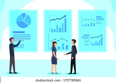 Business performance vector concept: business people holding a meeting over the business charts screen