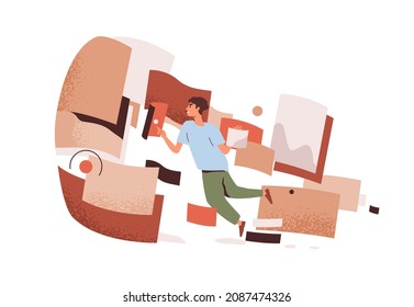 Business Person In Abstract Work Flow. Employee In Technology Cyber Space. Information Analysis And Streamline Concept. Man During Research. Flat Vector Illustration Isolated On White Background