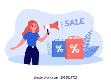 Business person advertising sale in online store. Woman holding megaphone flat vector illustration. Announcment of discounts, shopping promotion concept for banner, website design or landing web page