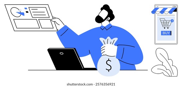 Business person analyzing data on a screen holding a money bag in front of a laptop. Online store with shopping cart icon. Ideal for online sales, e-commerce analytics, digital marketing, financial