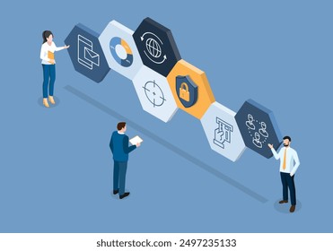 Business person analyzing data security and data protection with a team, symbolizing success and teamwork in finance and technology. Isometric vector illustration eps10