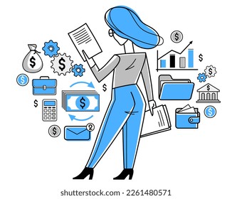 Business person analyzing and organizing financial deals vector outline illustration, woman entrepreneur company leader working on some commercial project.