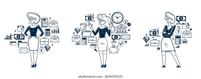 Pessoa de negócios analisando e organizando negócios financeiros vetor esboço ilustração conjunto, líder da empresa empreendedora trabalhando em algum projeto comercial.