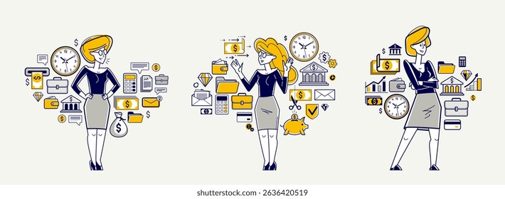 Business person analyzing and organizing financial deals vector outline illustration set, entrepreneur company leader working on some commercial project.