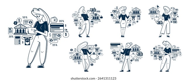 Business person analyzing and organizing financial deals vector outline illustration set, entrepreneur company leader working on some commercial project.