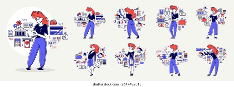 Business person analyzing and organizing financial deals vector outline illustration set, entrepreneur company leader working on some commercial project.