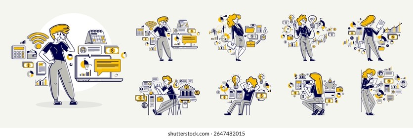 Business person analyzing and organizing financial deals vector outline illustration, entrepreneur company leader working on some commercial project.