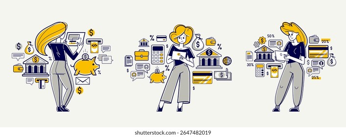Business person analyzing and organizing financial deals vector outline illustration set, entrepreneur company leader working on some commercial project.