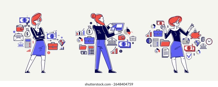 Business person analyzing and organizing financial deals vector outline illustration set, entrepreneur company leader working on some commercial project.