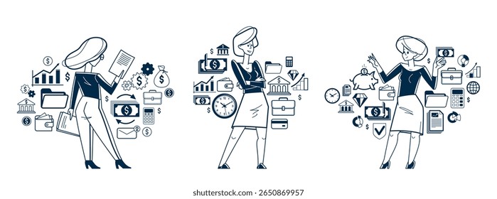 Pessoa de negócios analisando e organizando negócios financeiros vetor esboço ilustração conjunto, líder da empresa empreendedora trabalhando em algum projeto comercial.