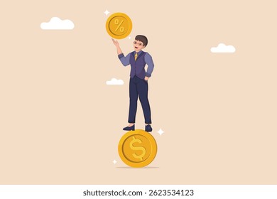 Pessoa de Negócios Balanceando uma Moeda de Sinal de Porcentagem no Dedo Acima de uma Moeda de Dólar Estável, Ilustrando Taxas de Juros e Saldo Financeiro.