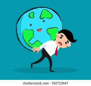 Business person carrying heavy world. Business problem or hard work concept.